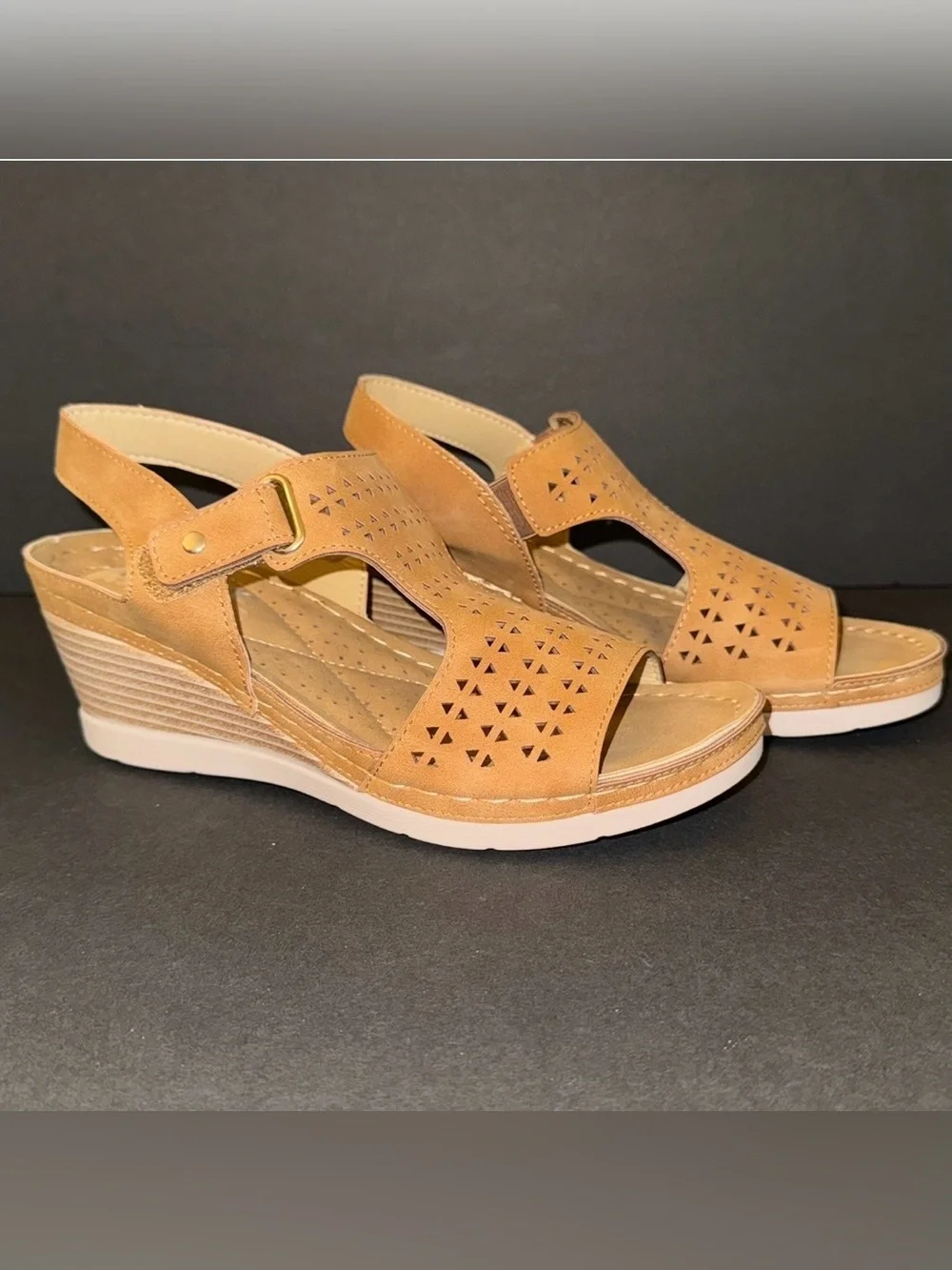 Caramel Tan Faux Nubuck Perforated Detail Comfort Wedge Sandals, Sz 8